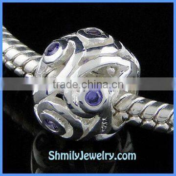 Wholesale Hollow Ball Silver Beads With Purple Crystals BCZ25B