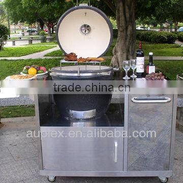 Outdoor kitchen black egg bbq with stainless steel table/cart