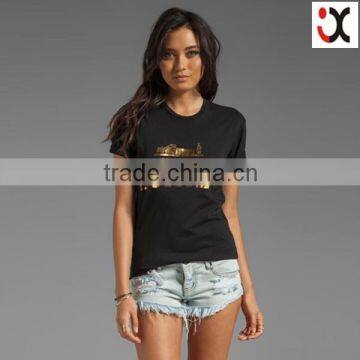 latest design women short sleeve 100% cotton black t-shirts (JX15803)