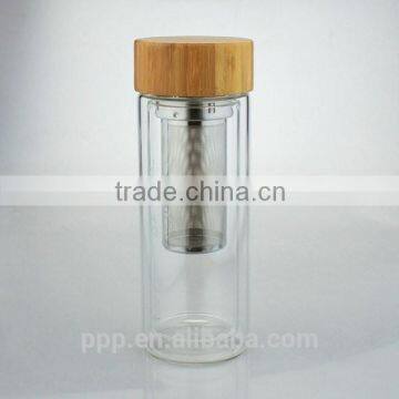 400ml Double wall thick glass water bottle with bamboo lid/crystal clear vacuum cup /non-toxic material glass water tumbler