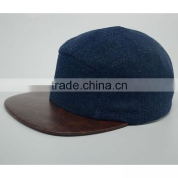 Denim 5 panels Hat flat bill leather brim