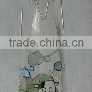 round clear with decal glass milk bottle