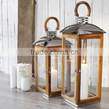 Decorative Lantern With Metal Top & Wooden Base