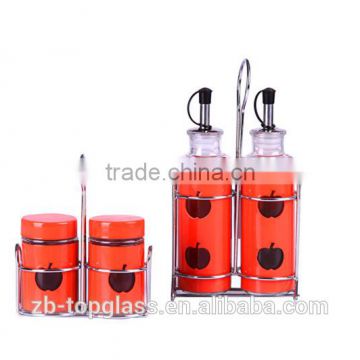 color coated glass kitchenware set with metal rack