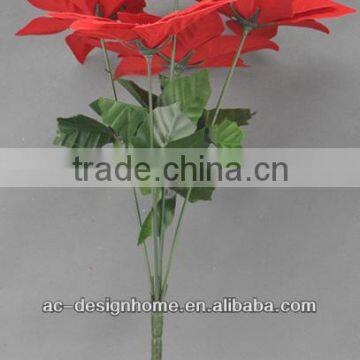 RED ARTIFICIAL VELVET POINSETTIA FLOWER BUSH X 5 W/5 PCS POINSETTIA FLOWER HEAD