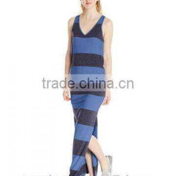 Woman Casual Maxi Dress With Stripe V Neck Guangzhou New Fashion Style Jersey Bodycon Sleeveless Stripe Knit Maxi Dress (Juniors photo-3