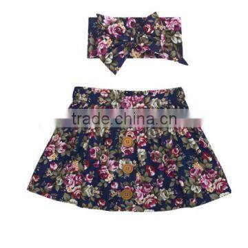 Summer Blue Flower Printed Dress Buttons Design Kids Clothes With Headband photo-4