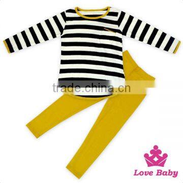 Kids Girls Fall Cotton Long Sleeve Black And White Striped Shirt And Mustard Pants Children's Boutique Clothes Wholesale Price