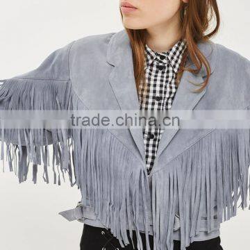 Lapel Collar Fringed Short Coat Womens Faux Suede Tassel Bomber Jacket photo-5