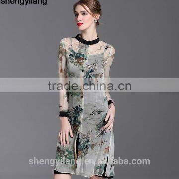 2016 Spring Summer Pure True Button-up Silk Long Sleeve Shirt Dress photo-2