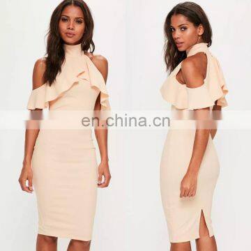 Nude High Neck Frill Women Cold Shoulder Midi Dress