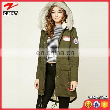 OEM Service Wholesale Ladies Patched Faux Fur Hooded Parka Winter Coats China Supplier