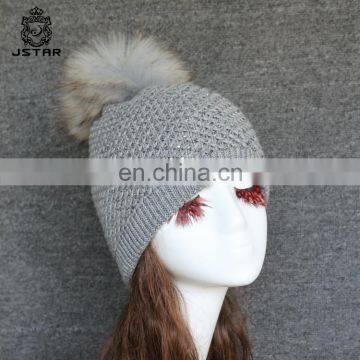 Factory Women Acrylic Knitted Balaclava Fashion Winter Hat With Pompom