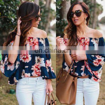 2017 spring summer printed flower t shirt off shoulder t shirt cute chiffon t shirt