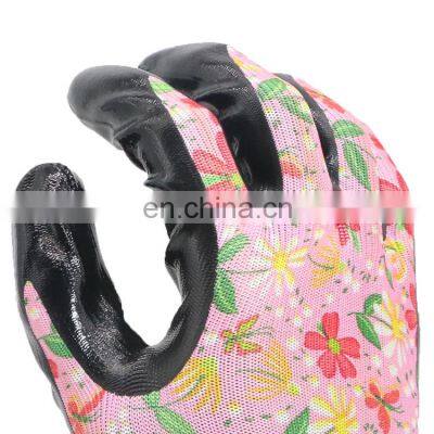 China Comfortable Breathable Flower Print Garden Nylon Shell Nitrile Work Gloves Wholesale photo-2