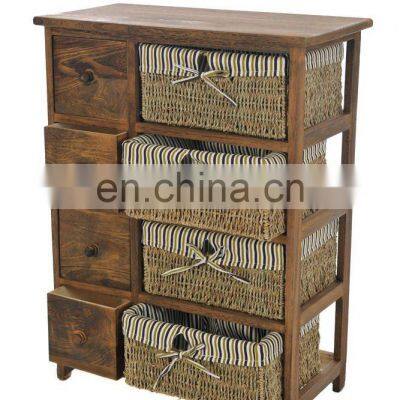 Brown Chest of Drawers Shabby Chic Storage Unit Wicker Baskets Dark Wood Cabinet photo-4
