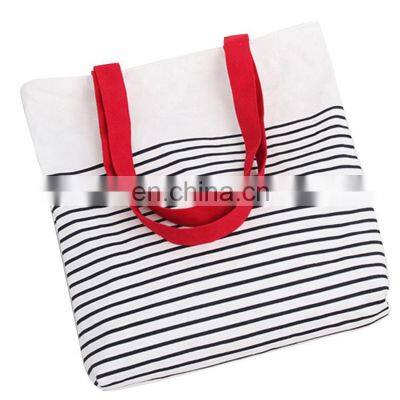 Wholesale Shopping Cotton Canvas Stripe Women Carrying Tote Bag with Bottom