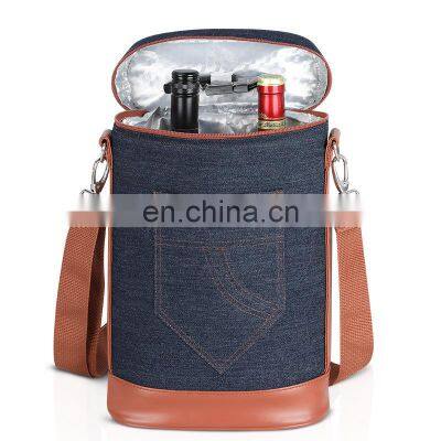 Reusable Custom Blue Denim Cooler Bag Luxury Picnic Leather Bottle 2 Pc Wine Carrier photo-3