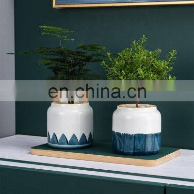 Top Fashion Decorative Pots Rectangle Metal Modern Garden Cheap Ceramic Succulent Smart Face Flower Pot With Bamboo Tray