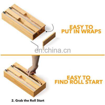 Hot Sale Custom Bamboo Wood Refillable 2 in 1 Plastic Wrap Foil Wrap Dispenser With Slide Cutter Kitchen Storage Dispenser photo-4