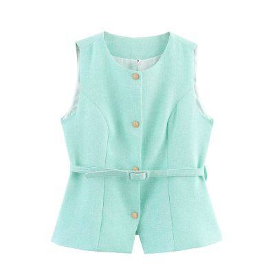 New European and American style women's fashionable casual wear with belt, woolen sleeveless round neck top