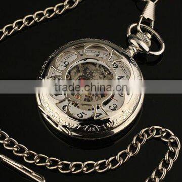 WP028 New Mens Silvered Stainless Steel Case White Dial Hand-Wing Up Mechanical Pocket Watch with Chain