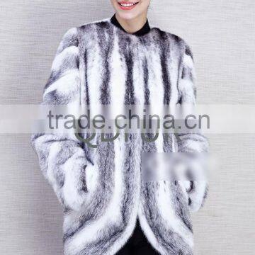 QD80714 Woman Silver Cross Mink Fur Coat Striped Fashion