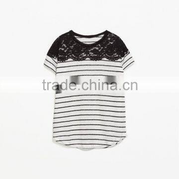 Ladies striped linen with lace fancy t-shirts