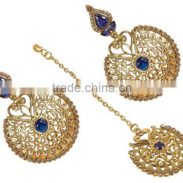 Indian Antique Gold Plated Earrings With Tikka Set For Girls & Women