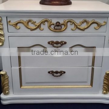 nightstand table in wood 2016 carving pattern silverleaf in gold with drawer, white background in matt