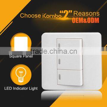 3 Gang Full-Flat remote control luxury electrical wall light plates with smart switch