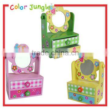 Cute jewerly organizer for kids flower decorative jewerly organizer with mirror 2 layers wooden jewelry storage box