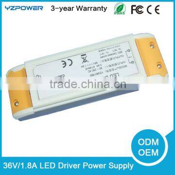 Mass Power AC Adapter 36V 1.8A LED Driver Switching Power Supply 65W with US,UK,EU