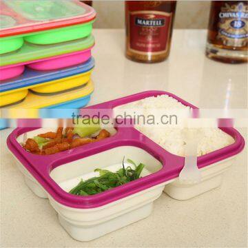 3 compartment silicone collapsible lunch box with Plastic Lid and spoon, Food Grade Customized custom silicone collapsible lunch