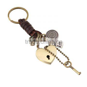 new fashion custom metal genuine leather heart key and locks keyring keychain