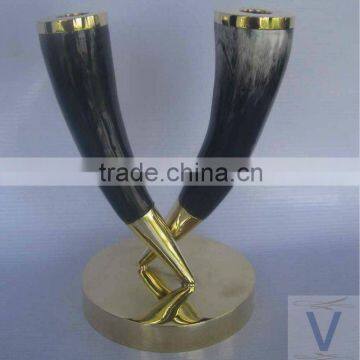 Black and white buffalo horn candle holder with brass base and top. Size 20cmH