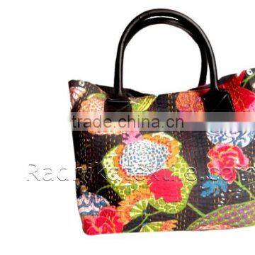 RTHHB-34 Jaipuri Kantha Stitching Bengali Handmade Leather Canvas Ladies Tote Shopping Bags