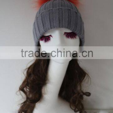 Magical Style Large Raccoon Fur Ball Knitting Beanie Cap Orange Fur Pompom Grey Knit Rib Hat