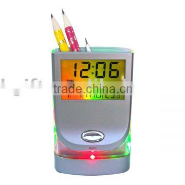 color change transparent LCD penholder with calendar clock