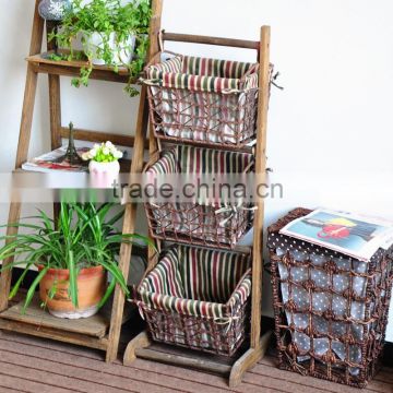 wholesale hanging wooden shelf with woven storage basket for the sundries ,magazine collection