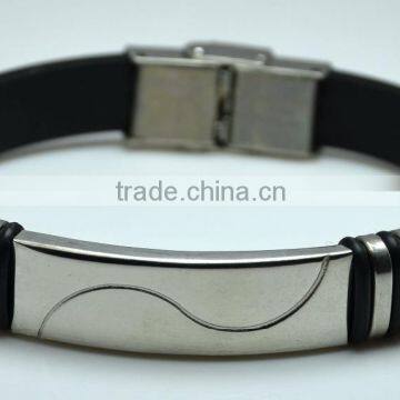 High Quality Black Leather Bracelets Accessory Double Side Ring Decorated Rectangle Stainless Steel Carved Line Men Bangles