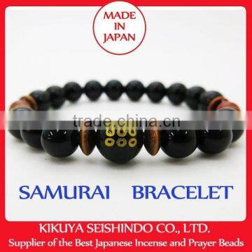 Sanada Yukimura, Samurai bracelet, black onyx 10 mm with Fire Agate and tiger-eye beads, bracelets mens, Japanese beads bracelet