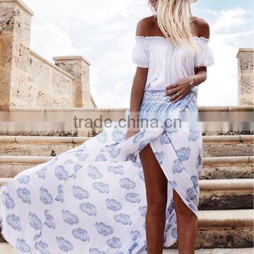 2016 Summer Fashion Women Printed Boho Beach Skirts Front Overlap Designs Chiffon Ethnic Long Maxi Skirt photo-2