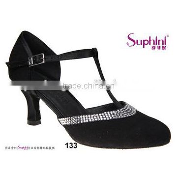 Black satin with Rhinestone T-strap closed toe ballroom Dance Shoes