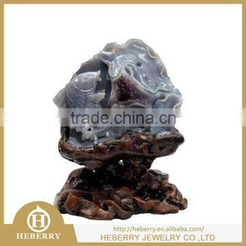 precious blue chalcedony fish carving with amethyst geode for home decoration or collection