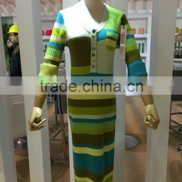 15JWS0722 2016 spring summer new series fashion woman 85% silk 15%cashmere stripe knitwear long dress with sleeves