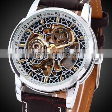 Shenhua Mens Skeleton Leather Band Automatic Analog Mechanical Watch