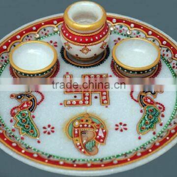 Indian Marble Pooja Thali Plate Handicraft Religious Gift Decor Rich Art And Craft Gallery Hindu God Puja Ganesha India