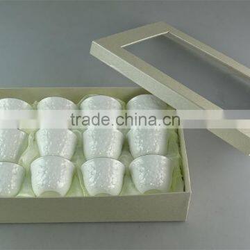 White ceramic tea cup with small flowers embossing and golden line for wholesale 12 pcs per set,with color box.good quality