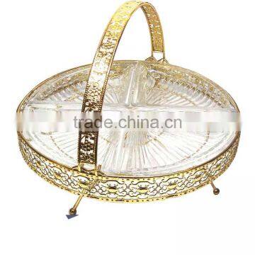 Hot Selling Fruit Bowl Storage Basket with Brass Antique Rack and Glass Bowl